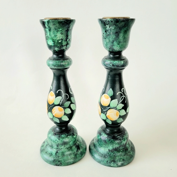 Pair of Vintage Painted Rustic Green Wood Candlestick holders 7" height - Picture 1 of 5